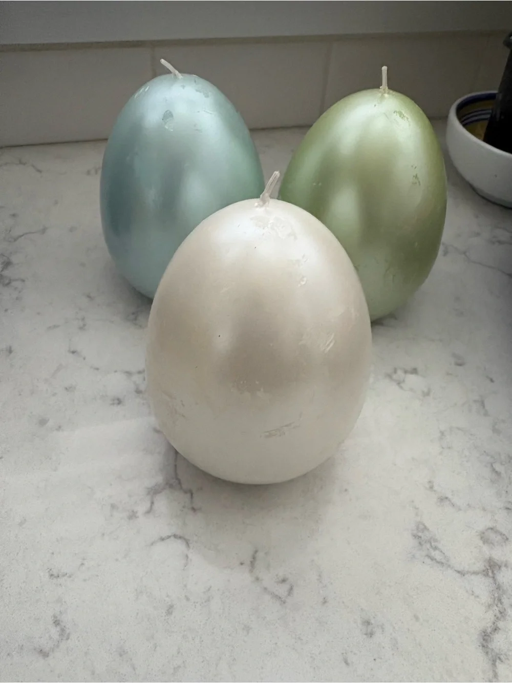 Pottery Barn Set of 3 Metallic Egg Candles - Pearl, Mint & Pale Blue